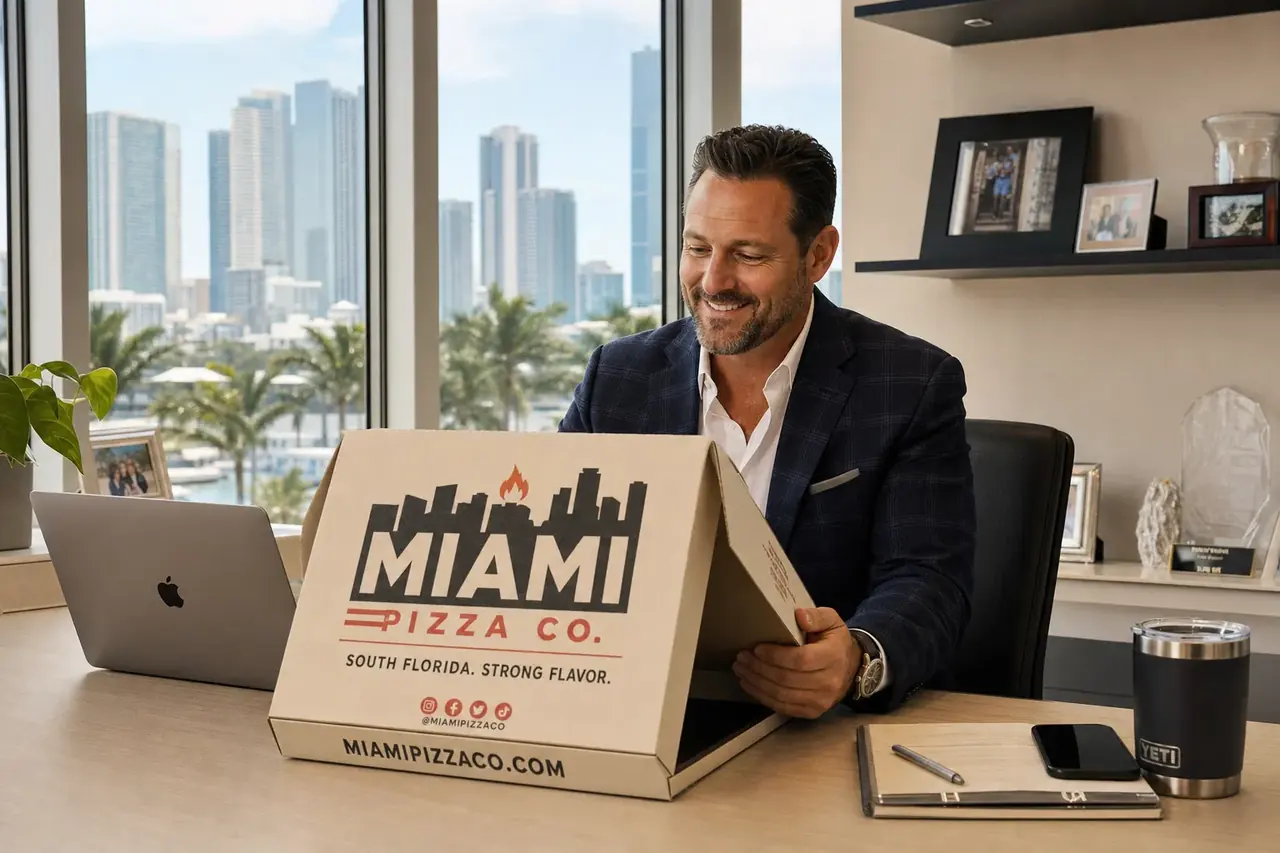 Local business owner reviewing pizza box advertising