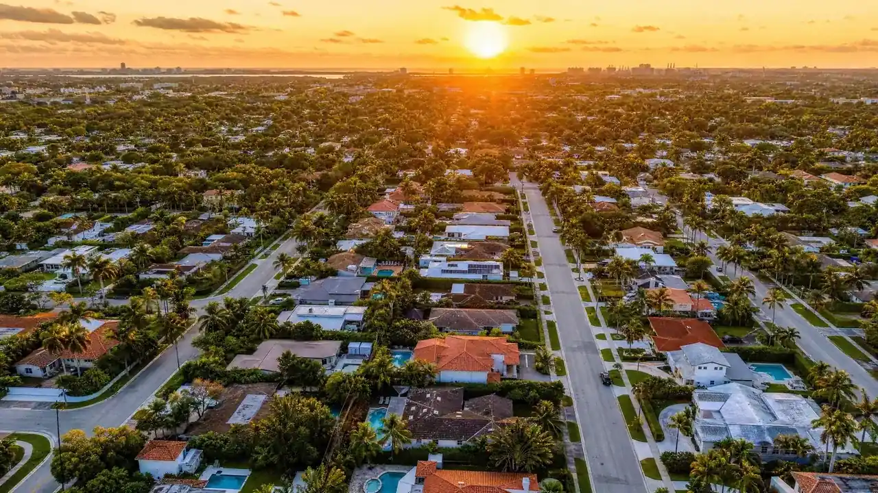 Aerial view of South Florida neighborhoods at sunset